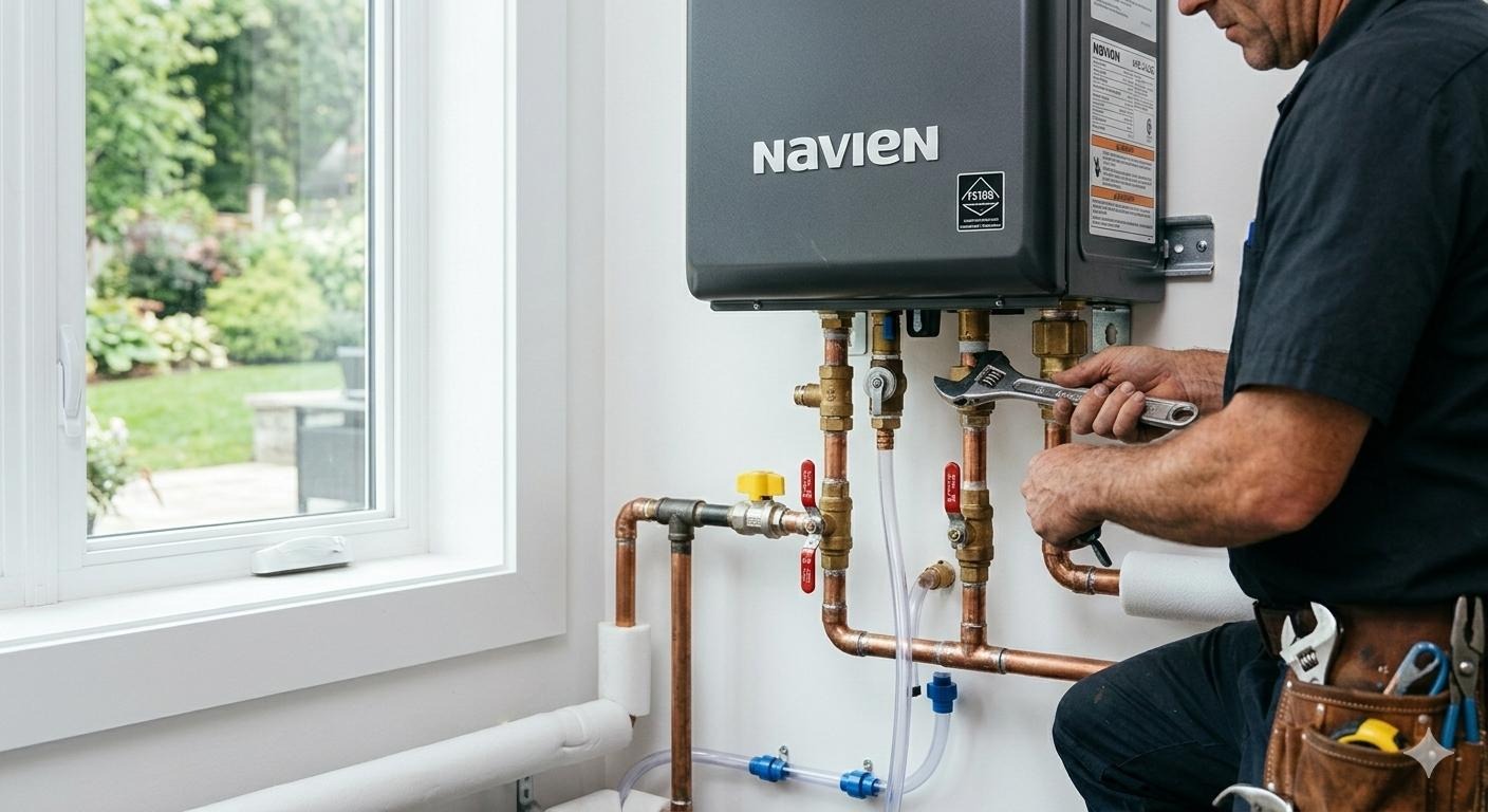 Plumber installing a Navien tankless water heater